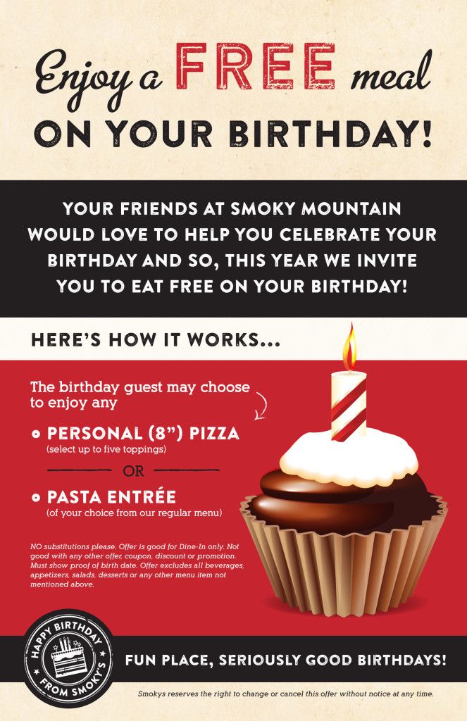Enjoy Free Birthday Meal at Smoky's! | Smoky Mountain Pizzeria Grill