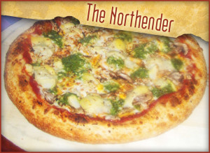 “THE NORTHENDER” – Red Sauce, Artichoke Hearts, Mushrooms, Minced Garlic and a light amount of cheese. Topped with “dots” of pesto and goat cheese. Pizza creation submitted by Elisha Ecklar Scholer