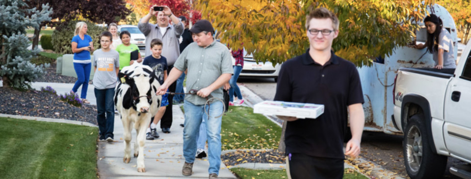 Bossy the Cow Delivers Smoky's Pizza